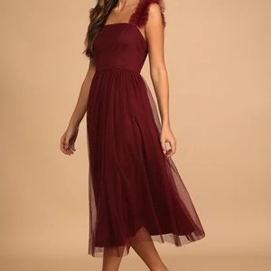 Lulus Divine Invitation Burgundy Tulle Swiss Dot Ruffled Midi Dress - XL